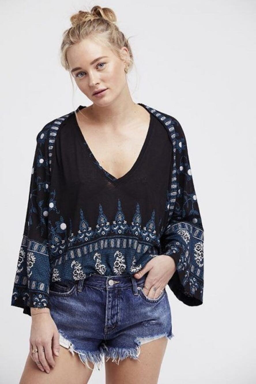 Free People Medallion Paisley & Gold Print Oversized Flowing Long Sleeve Blouse